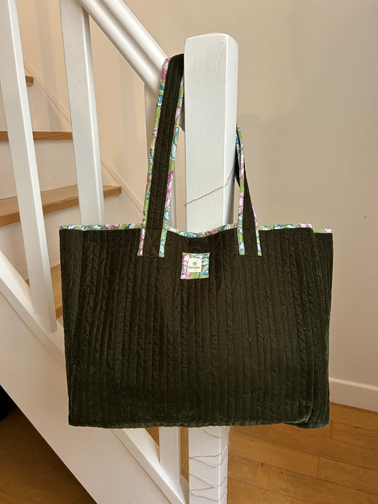 Cabas Indira Kaki Flower Velvet