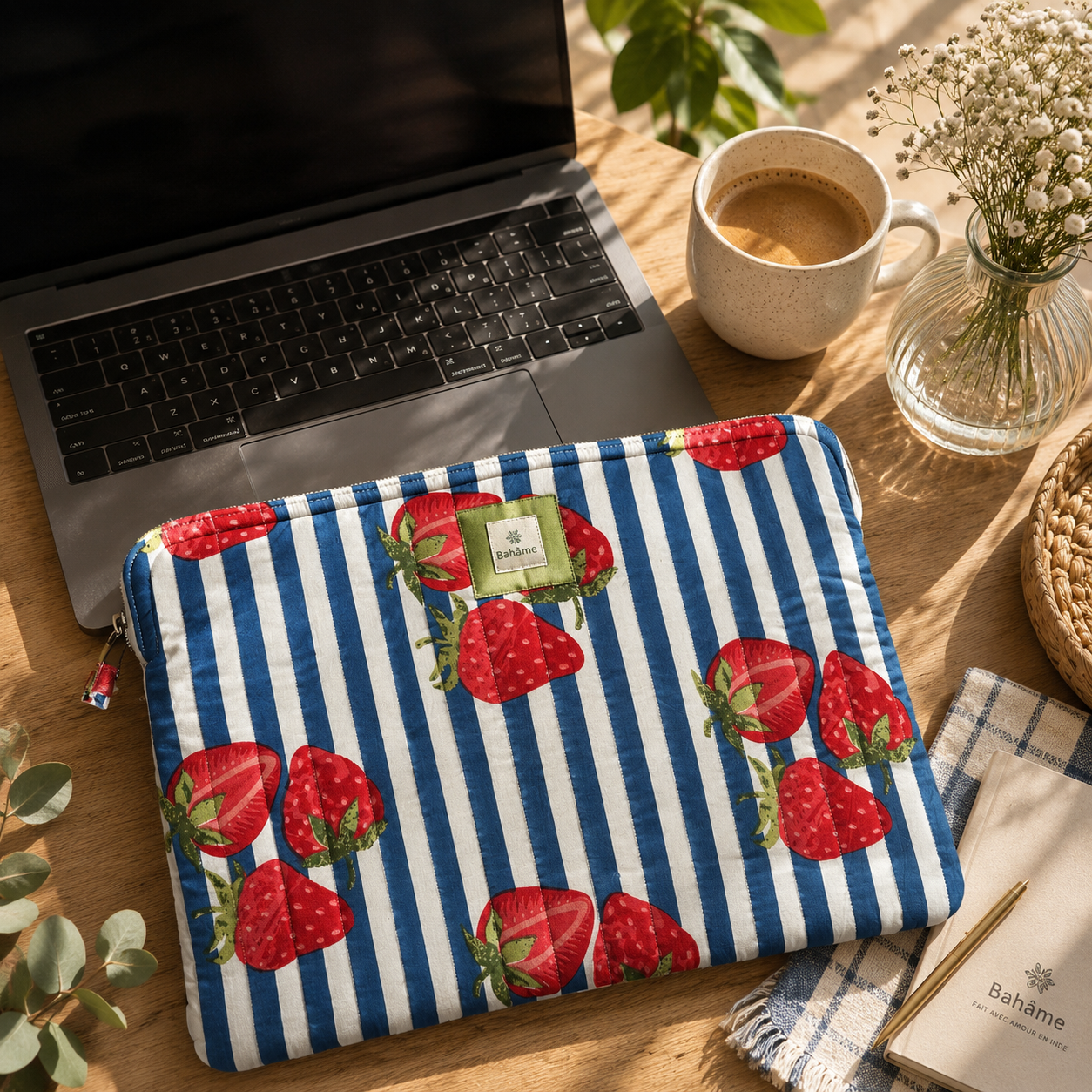 Pochette ordinateur matelassée motif fraise Bahâme