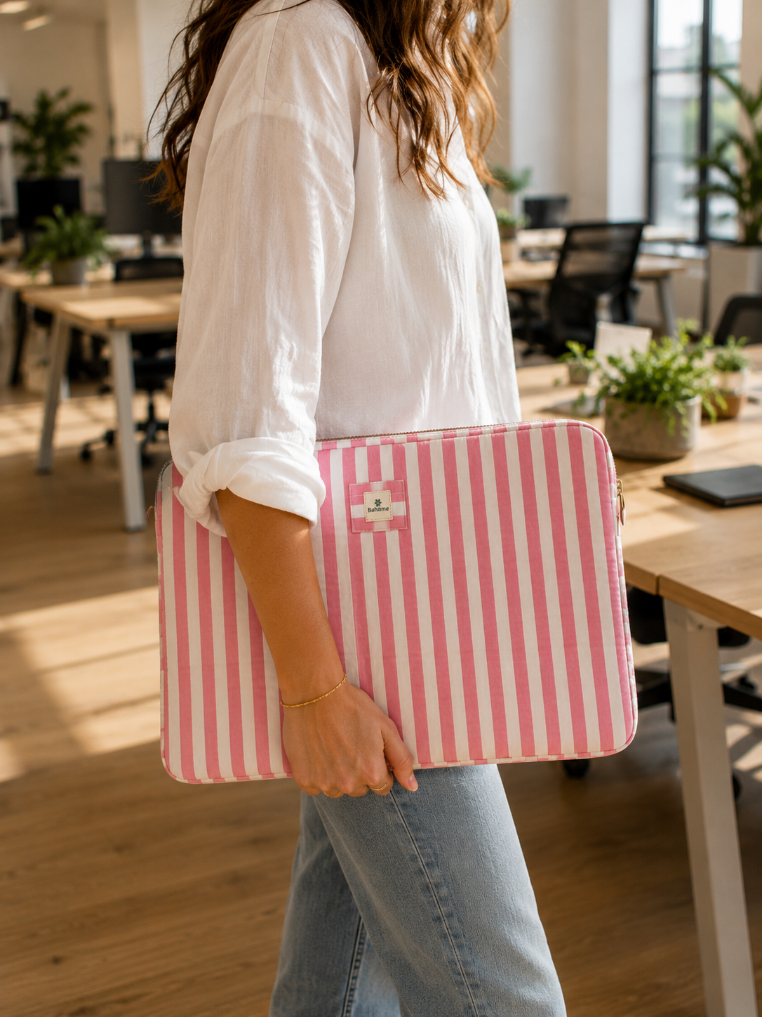 Pochette ordinateur matelassée rayée rose et blanc Bahâme