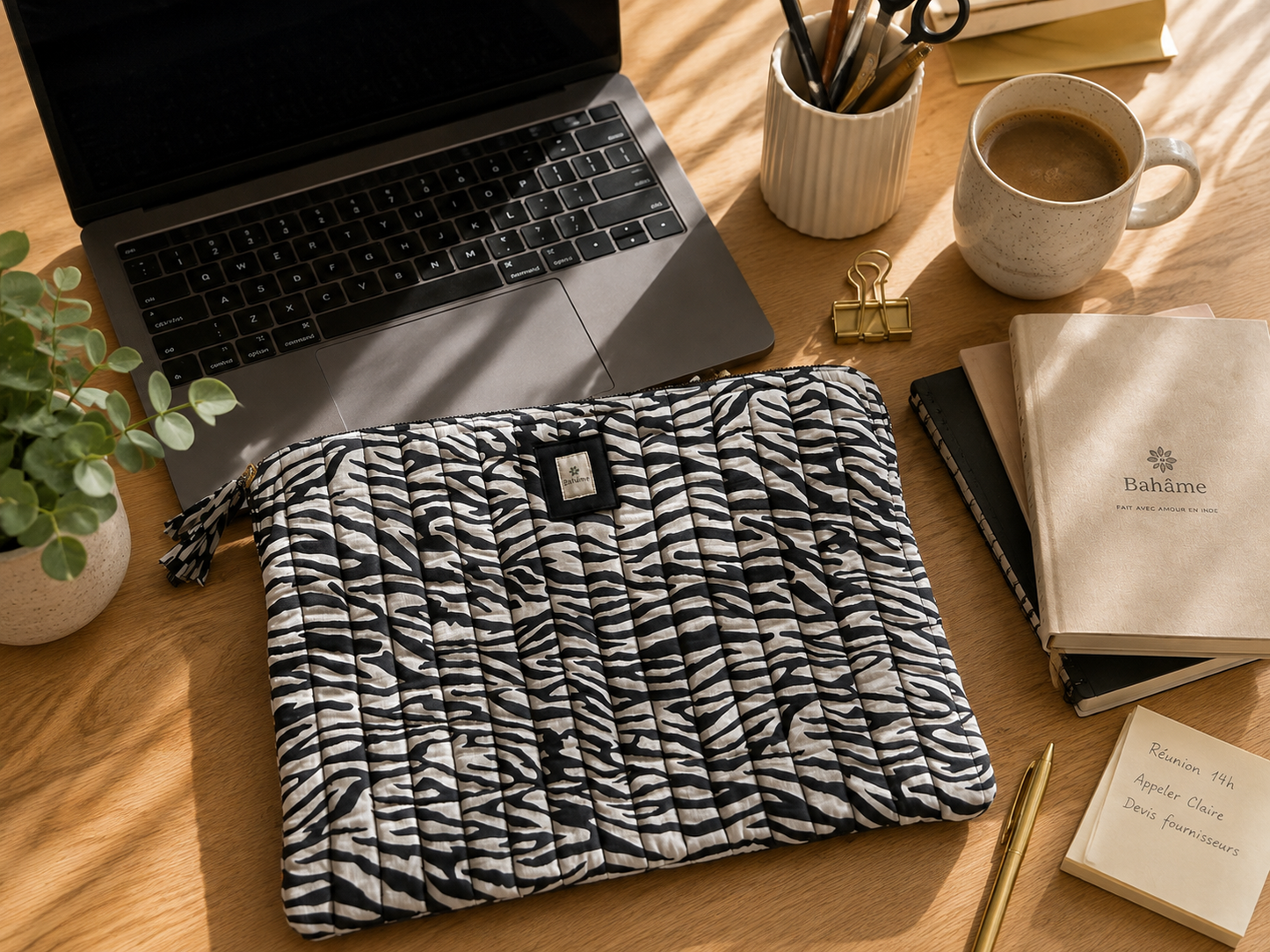 Pochette ordinateur matelassée motif zebre Bahâme